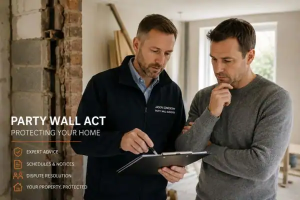 Party wall surveyor Bedminster discussing extension plans with homeowner outside a UK semi-detached house.